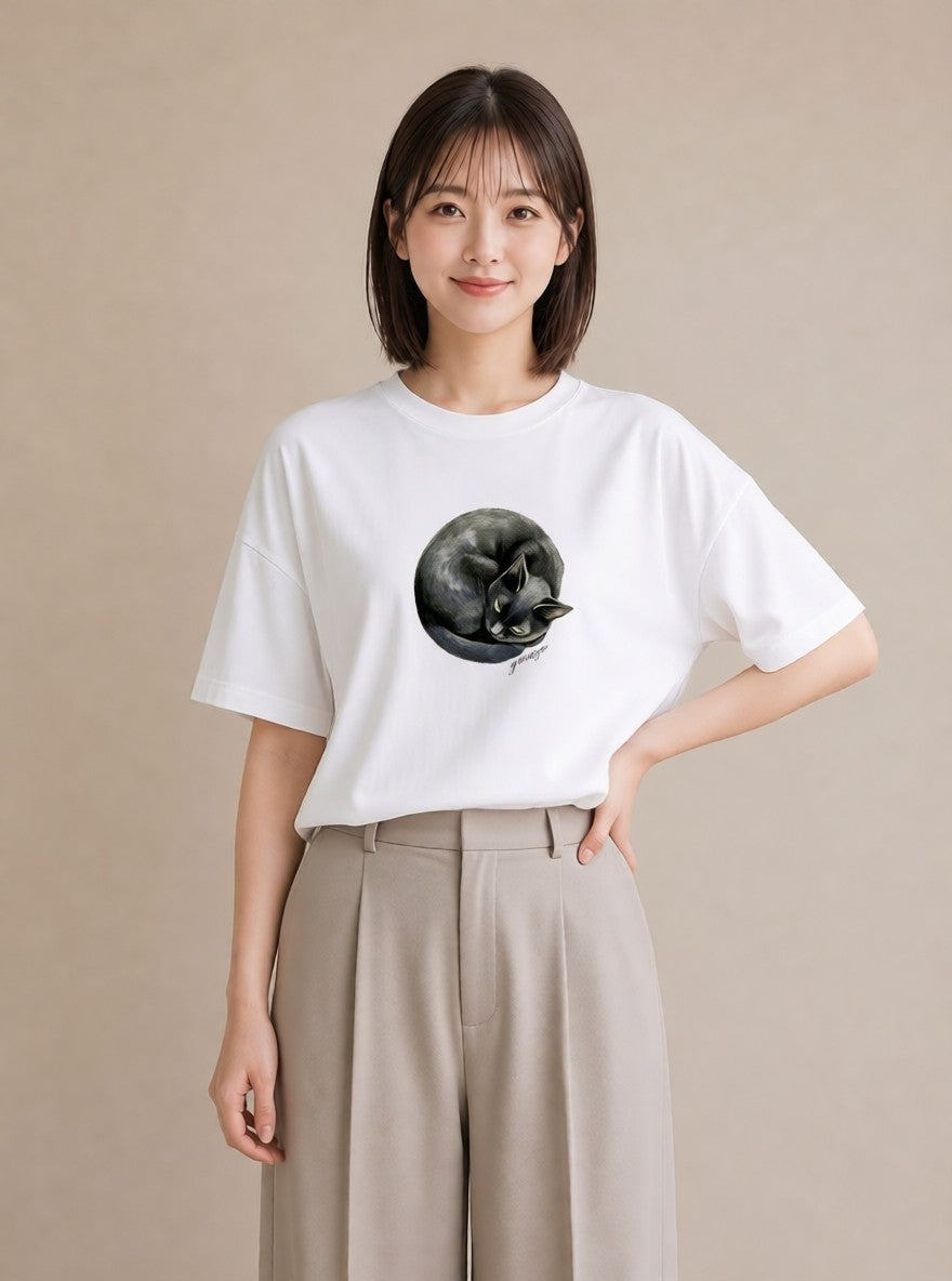 グラフィックTシャツ レディース サビ猫 猫 ねこ イラスト カフェコーデ 通勤 在宅 白T YMAZO