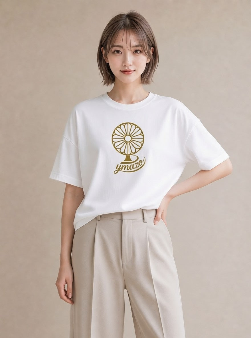 プリントTシャツ レディース 扇子 そよ風 ナチュラル アンティーク イラスト 可愛い カフェ服 クリスマス 白T YMAZO