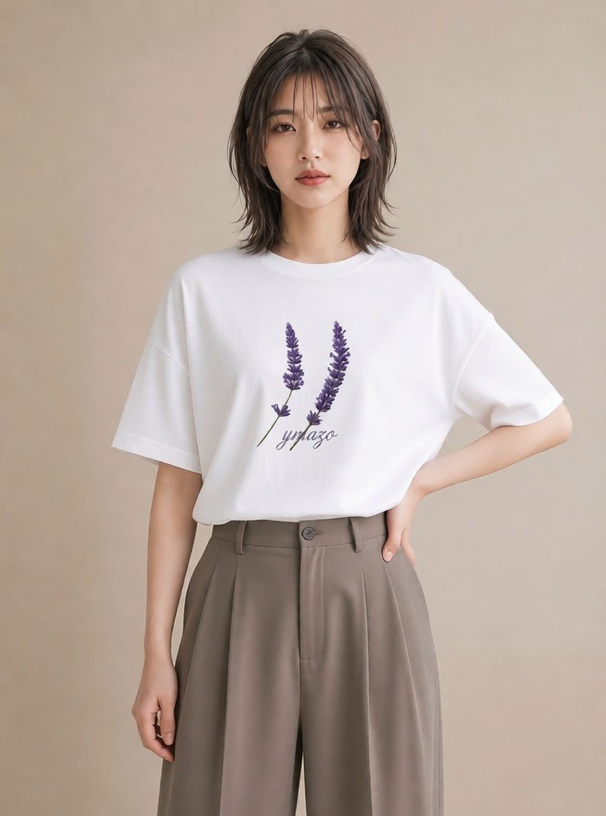 Tシャツ レディース ラベンダー 花 花柄 イラスト 線画 ママ カフェ服 白T