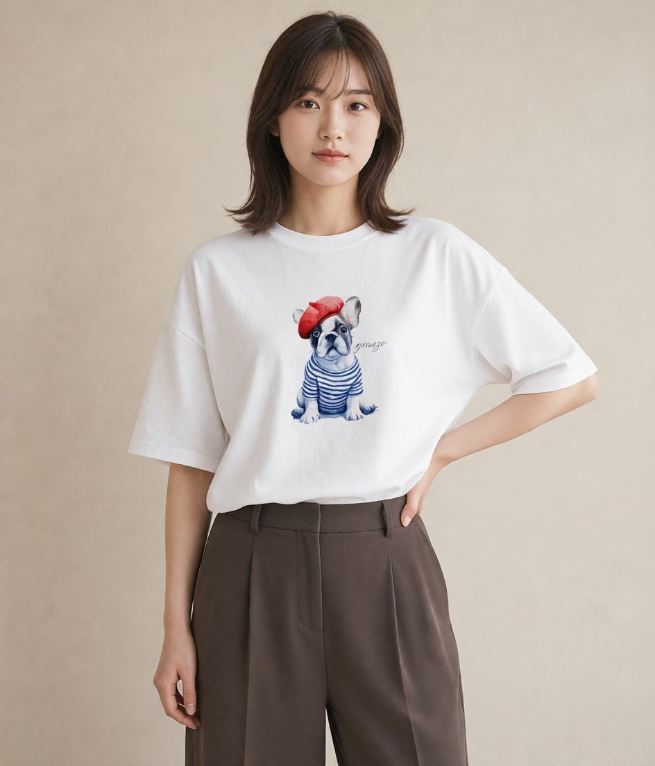 Tシャツ レディース フレンチブルドッグ フレブル 犬 いぬ イラスト カフェコーデ 送別ギフト 通勤 白T YMAZO