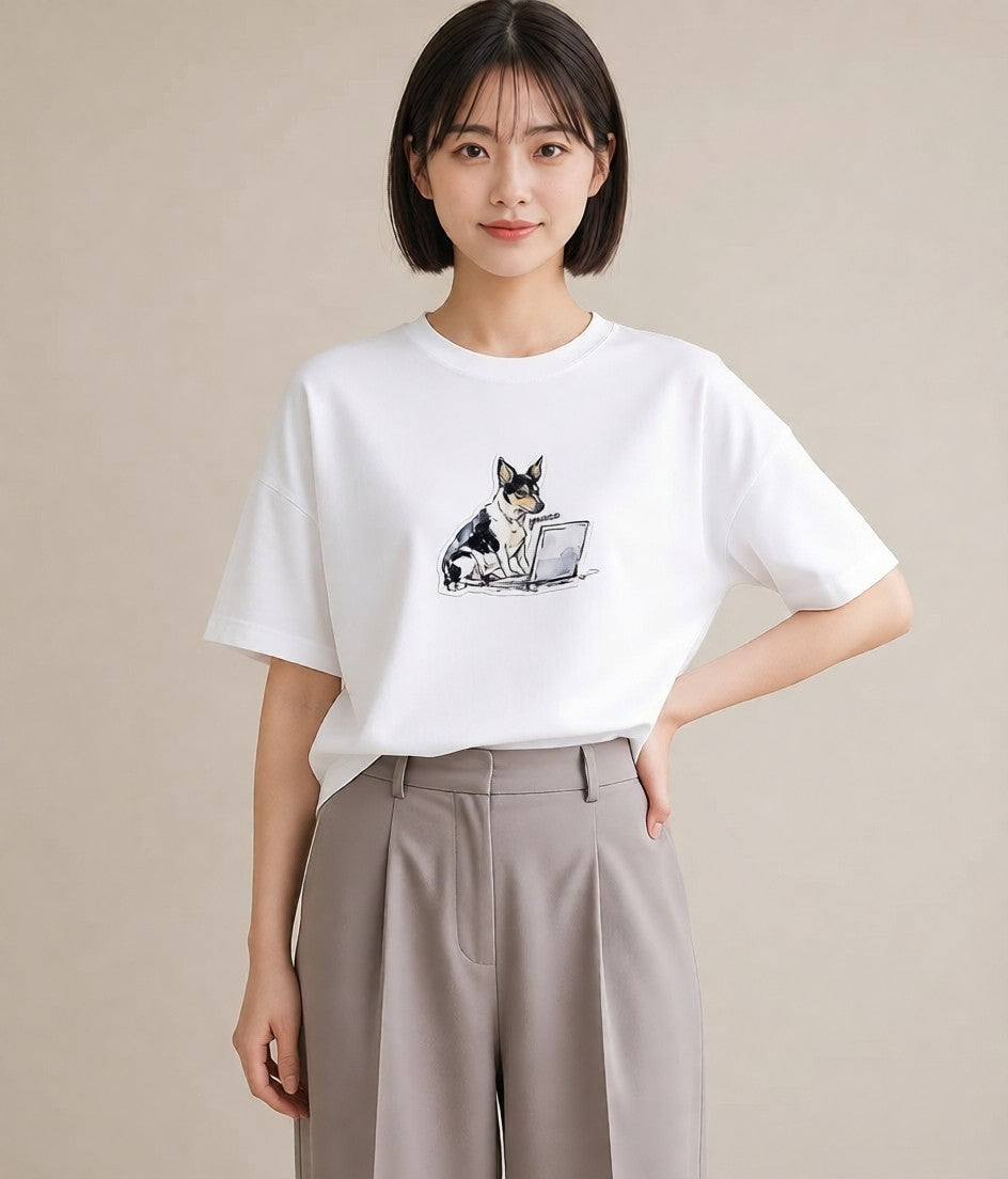 プリントTシャツ レディース 犬 いぬ イラスト 水彩風 母の日 ビーチ 白T YMAZO
