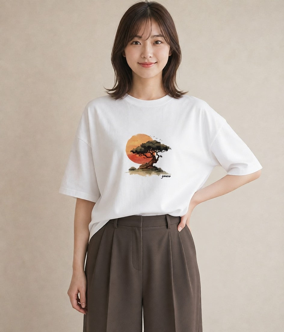 プリントTシャツ レディース 盆栽 植物 ボタニカル イラスト きれいめ 在宅 公園 白T YMAZO