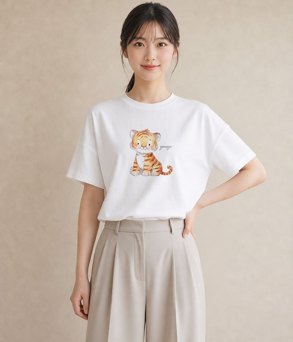 Tシャツ レディース 茶トラ 茶猫 猫 ねこ イラスト ポップ ラフ レイヤード 白T YMAZO