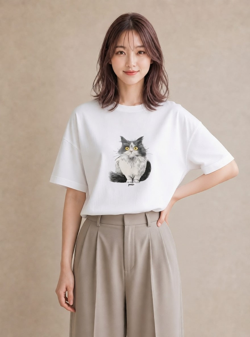 プリントTシャツ レディース メインクーン 猫 ねこ イラスト こなれ感 母娘コーデ 自分用 白T YMAZO