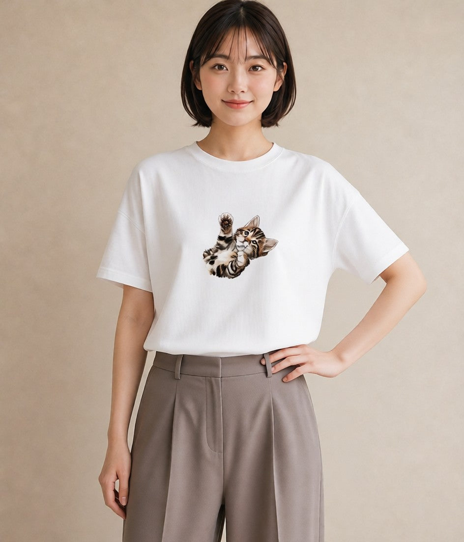 デザインTシャツ レディース サバトラ 猫 ねこ イラスト 抜け感 通学 誕生日プレゼント 白T YMAZO