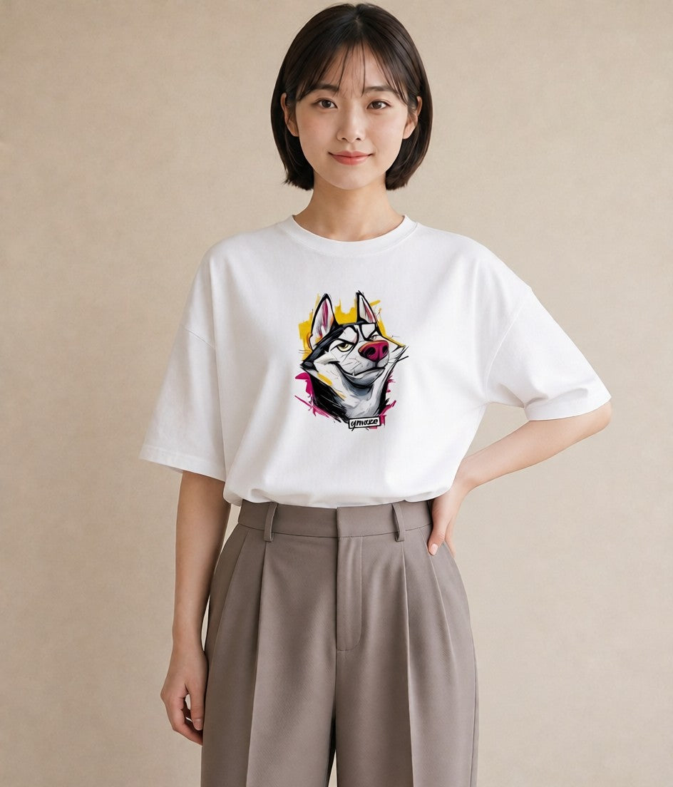 Tシャツ レディース シベリアンハスキー 犬 いぬ イラスト ポップ 母娘コーデ 自分用 白T YMAZO