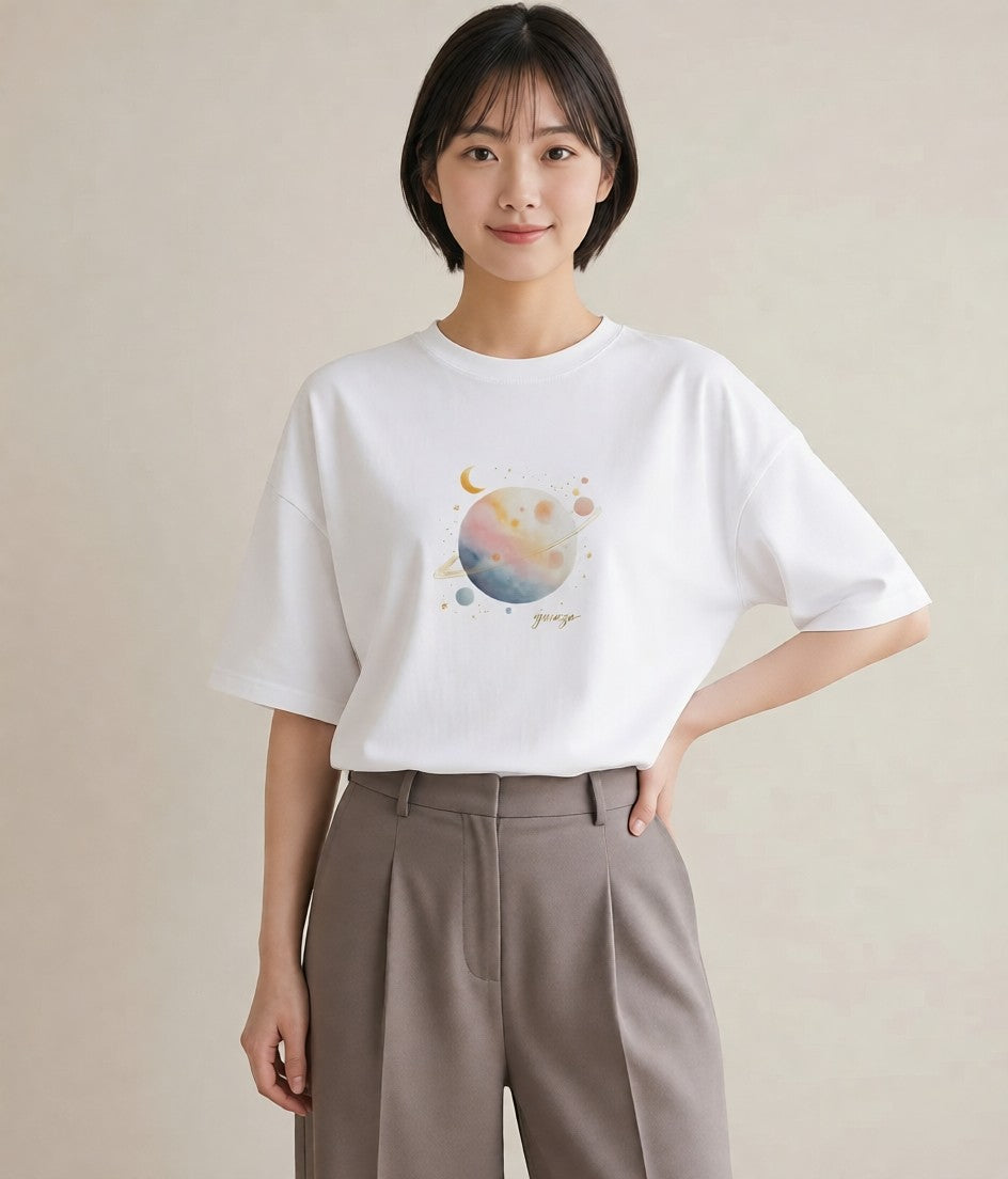 プリントTシャツ レディース 満月 星空 宇宙 イラスト きれいめカジュアル クリスマス 旅行 白T YMAZO