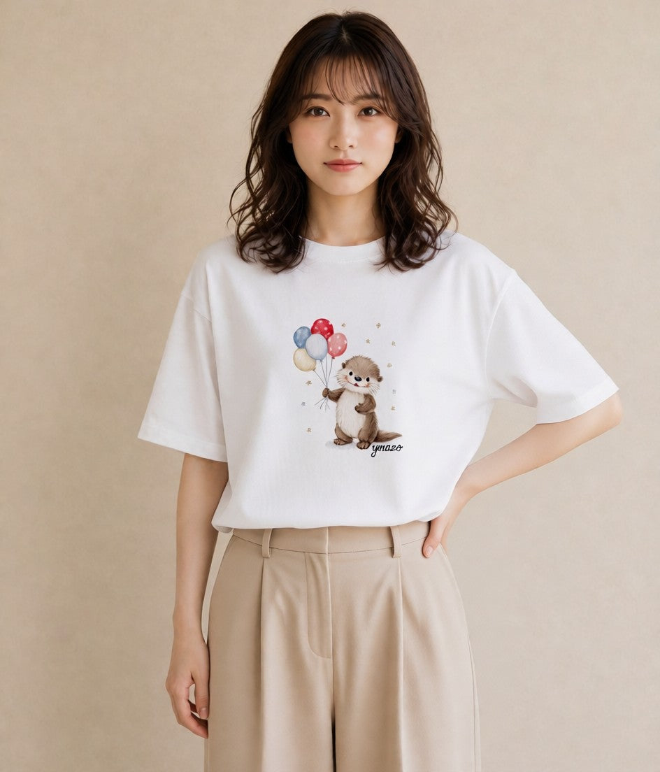 デザインTシャツ レディース ラッコ 動物 アニマル イラスト 線画 買い物 夏コーデ 白T YMAZO
