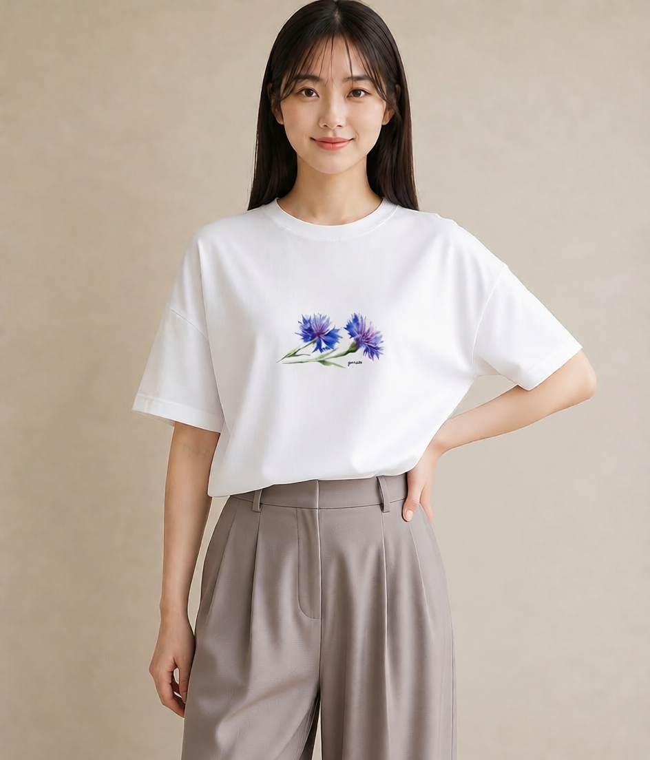 半袖Tシャツ レディース スミレ 花 花柄 イラスト カジュアル お出かけ 普段着 白T