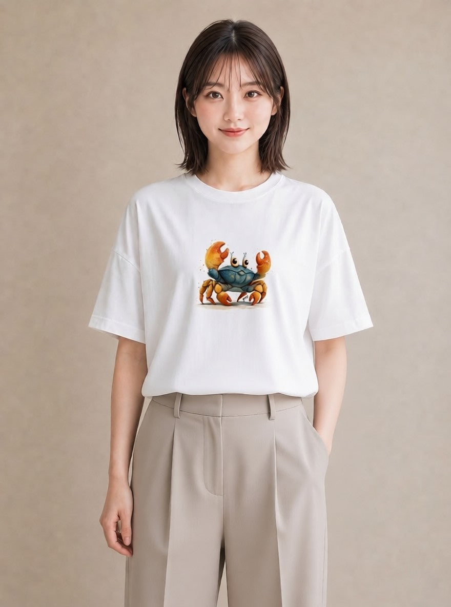 半袖Tシャツ レディース ヤドカリ 海の生き物 海 イラスト フェミニン ママ カフェ服 白T YMAZO