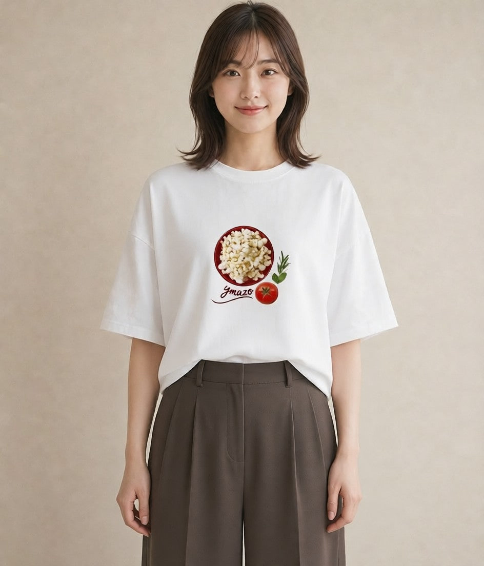 半袖Tシャツ レディース ポップコーン 食べ物 フード イラスト ヴィンテージ風 母の日 ビーチ 白T YMAZO
