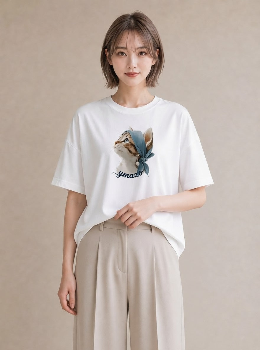 グラフィックTシャツ レディース アメリカンショートヘア 猫 ねこ イラスト 可愛い 旅行用 海 白T YMAZO