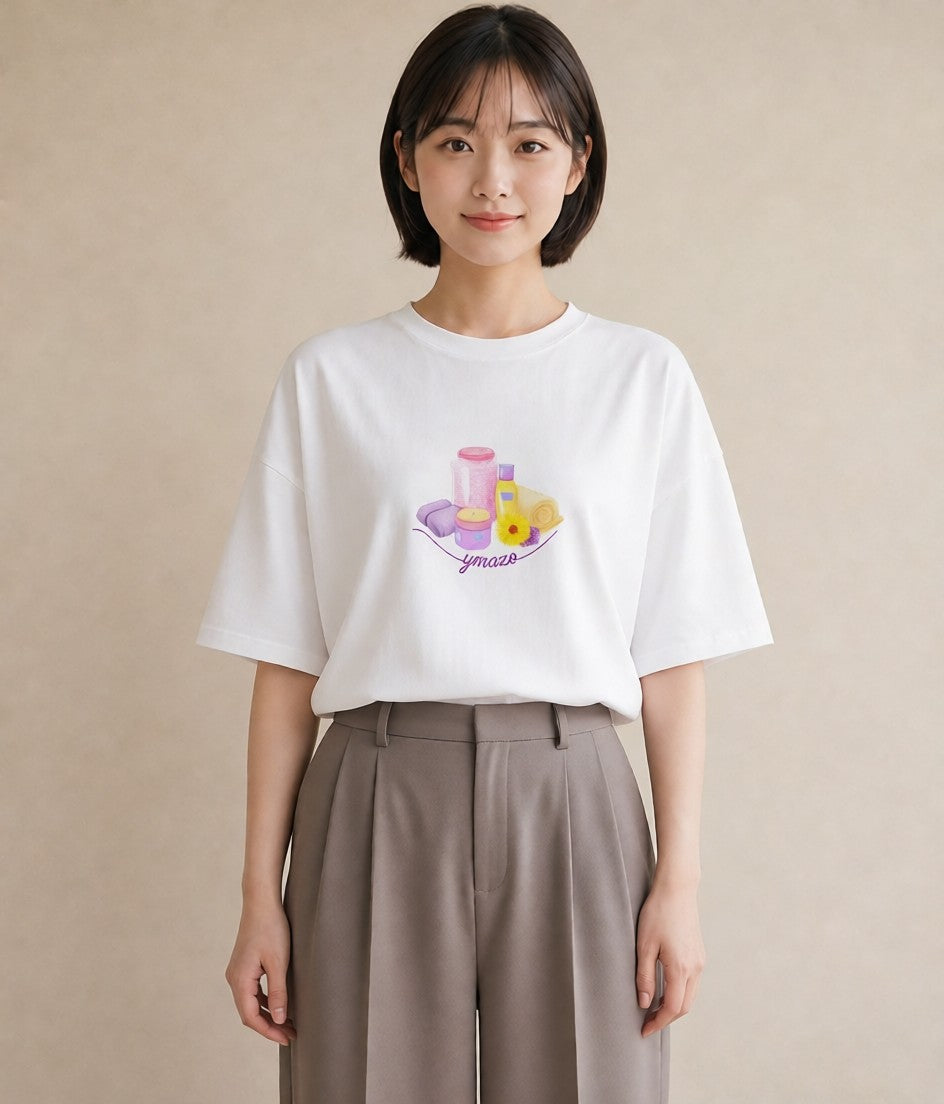 グラフィックTシャツ レディース パールピアス アクセサリー ナチュラル アンティーク イラスト アート風 レイヤード 友達ギフト 白T YMAZO