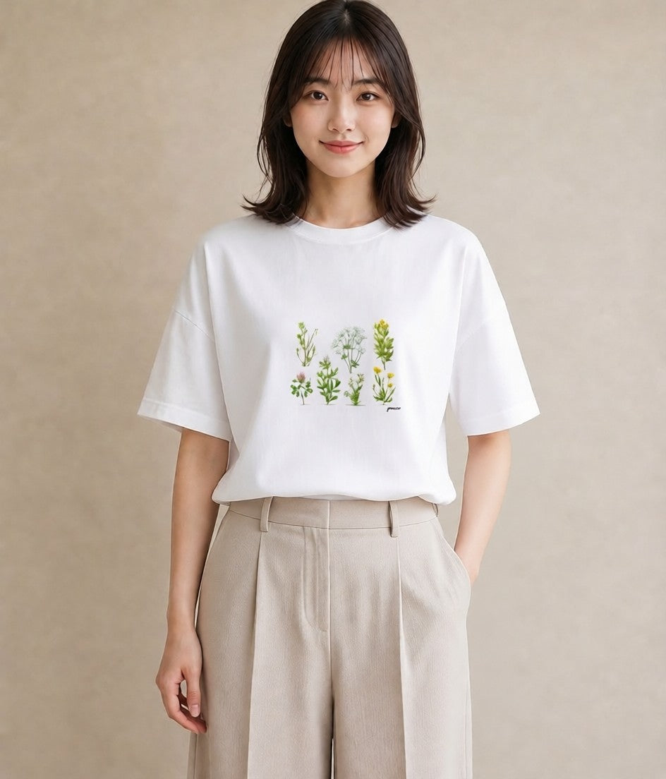 デザインTシャツ レディース ハーブ 植物 ボタニカル イラスト 可愛い 春服 ミセス 白T YMAZO