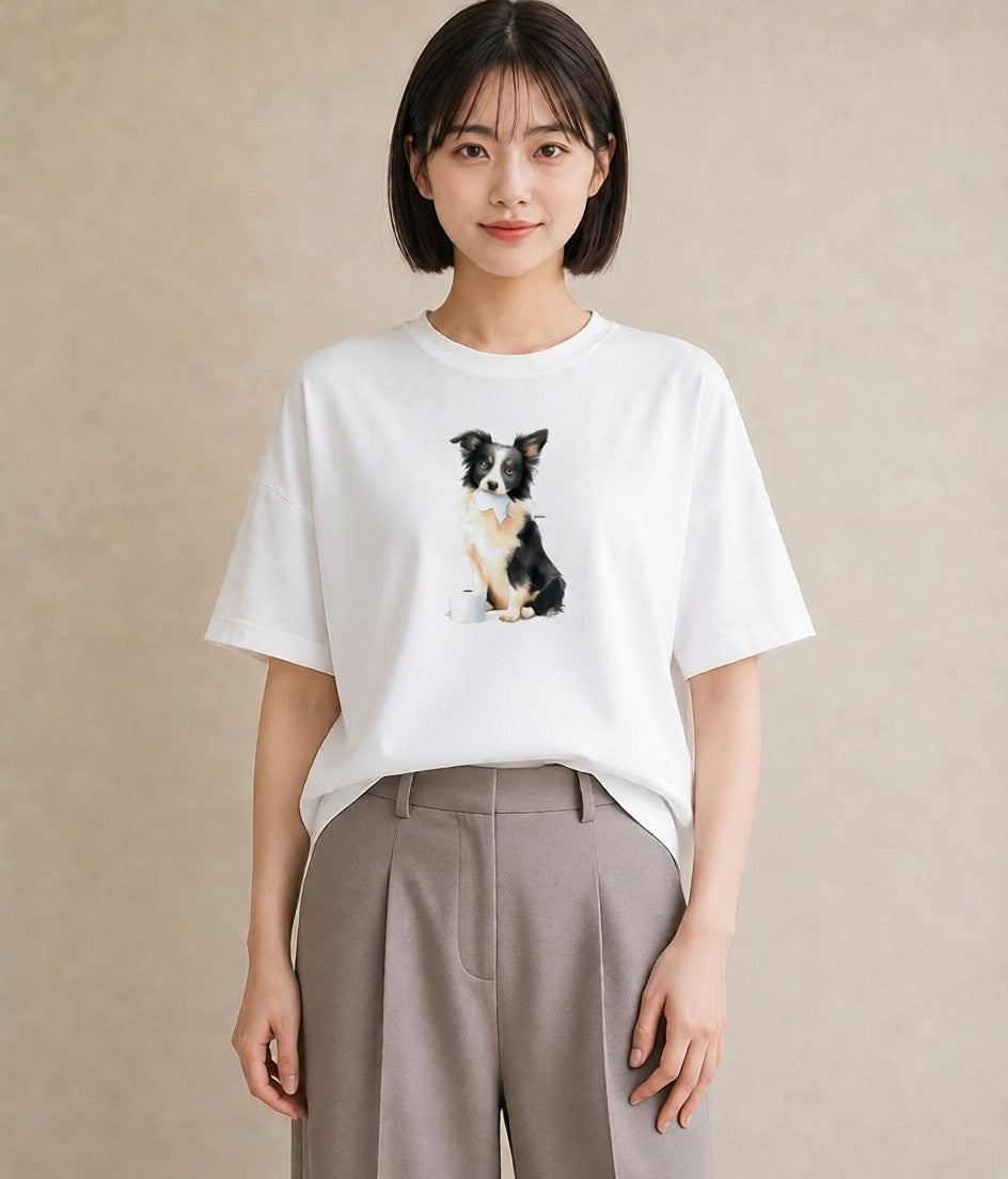 半袖Tシャツ レディース ボーダーコリー 犬 いぬ イラスト ゆるかわ 女性 旅行用 白T YMAZO