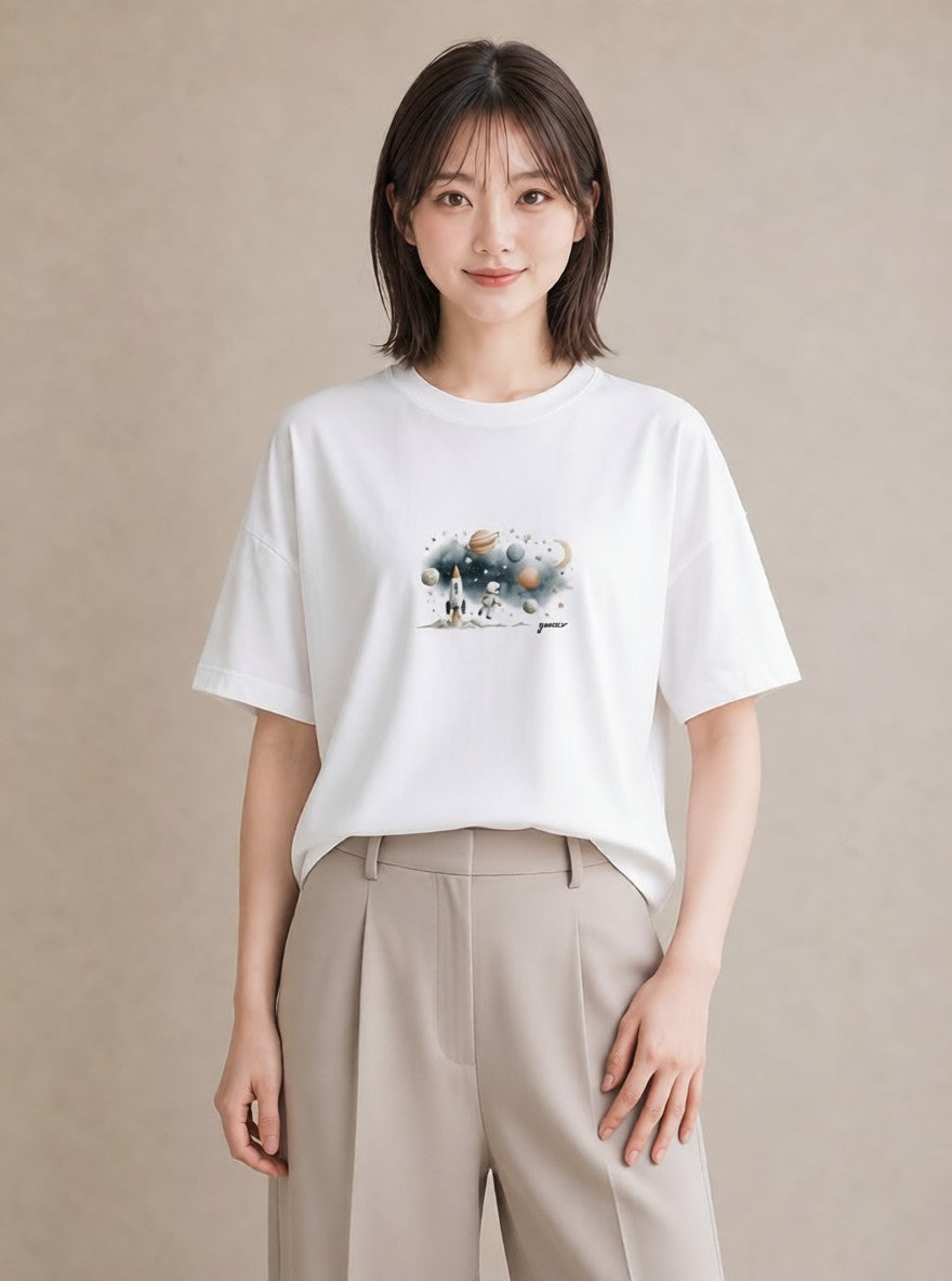半袖Tシャツ レディース 惑星 星空 宇宙 イラスト アート風 夏コーデ 通学 白T YMAZO
