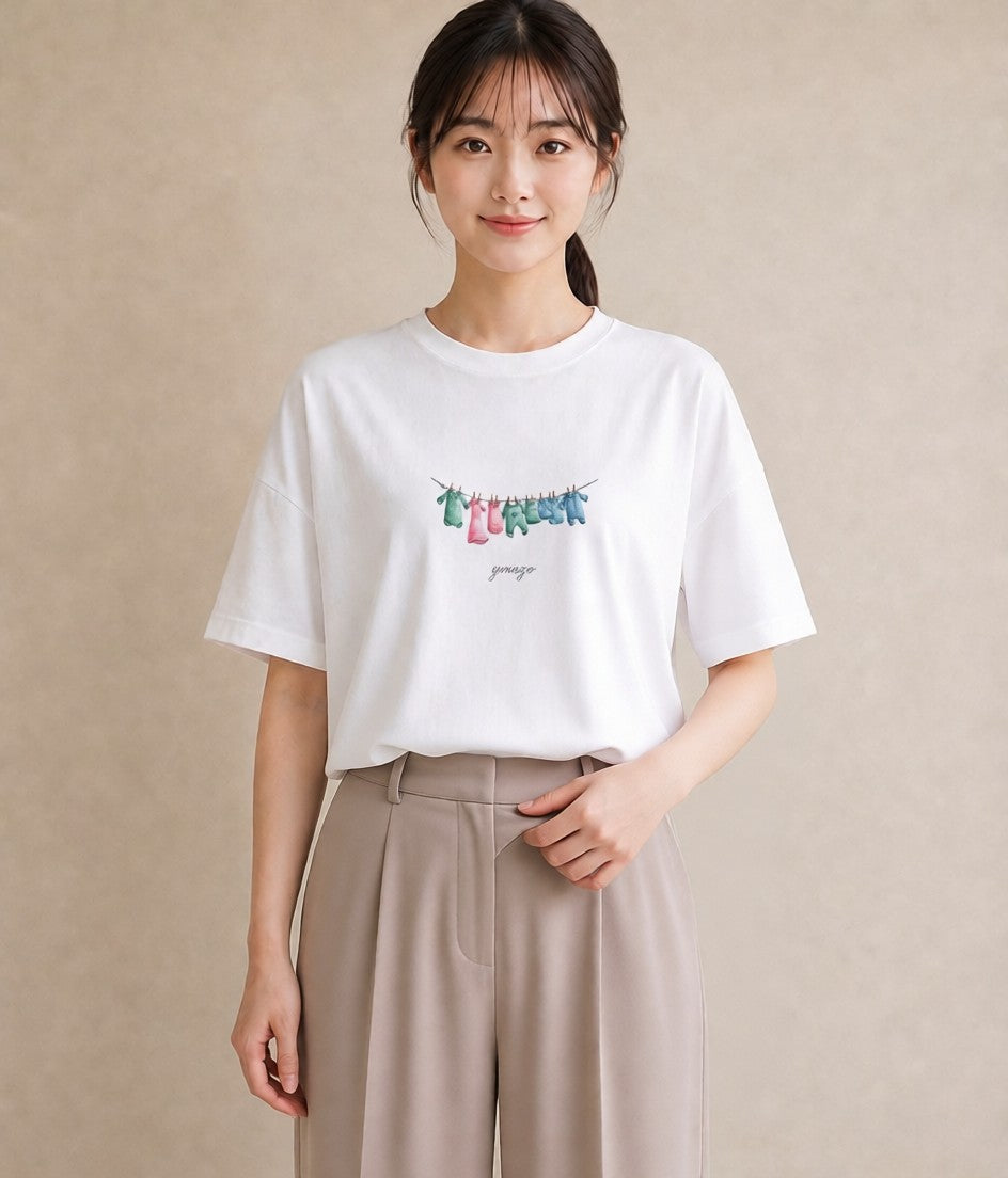 デザインTシャツ レディース 洗濯物 風 ナチュラル アンティーク イラスト 北欧風 週末コーデ 敬老の日 白T YMAZO