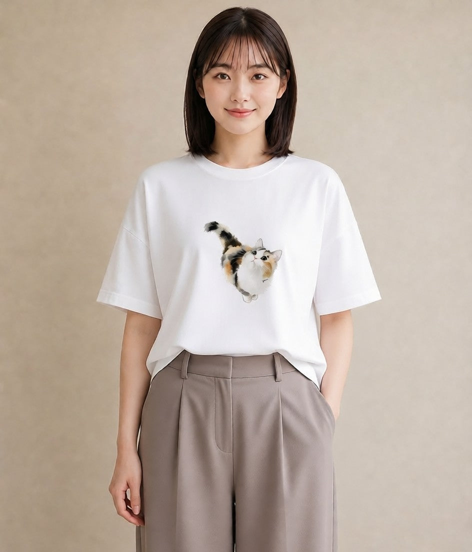 Tシャツ レディース アビシニアン 猫 ねこ イラスト 水彩風 春服 ミセス 白T YMAZO