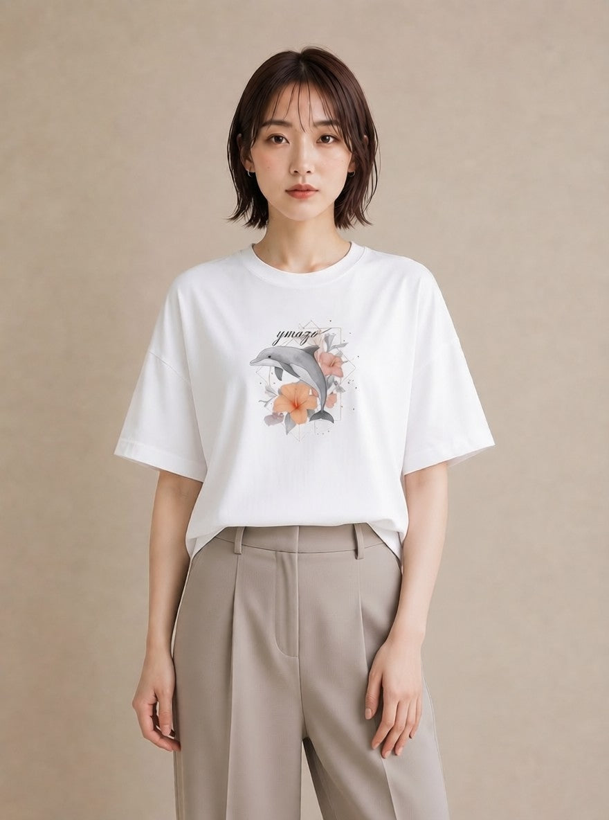 プリントTシャツ レディース イルカ 海の生き物 海 イラスト ミニマル 秋コーデ おしゃれギフト 白T YMAZO