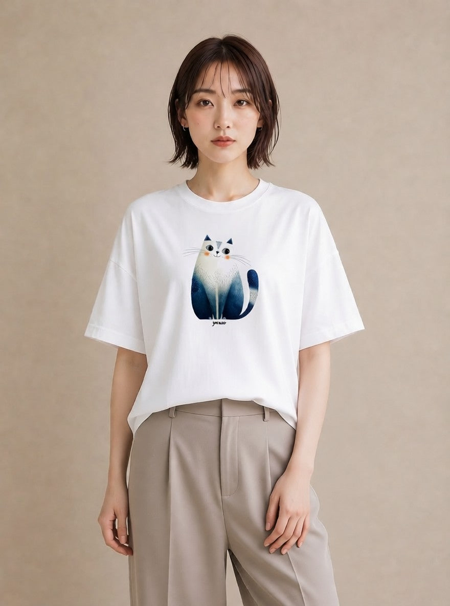プリントTシャツ レディース 猫好き 猫 ねこ イラスト ミニマル 春服 ミセス 白T YMAZO