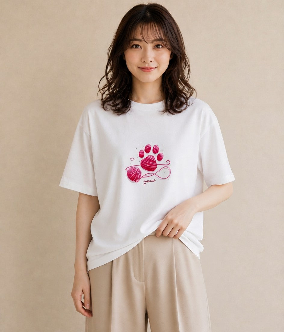 Tシャツ レディース 肉球 猫 ねこ イラスト フェミニン 送別ギフト 通勤 白T YMAZO