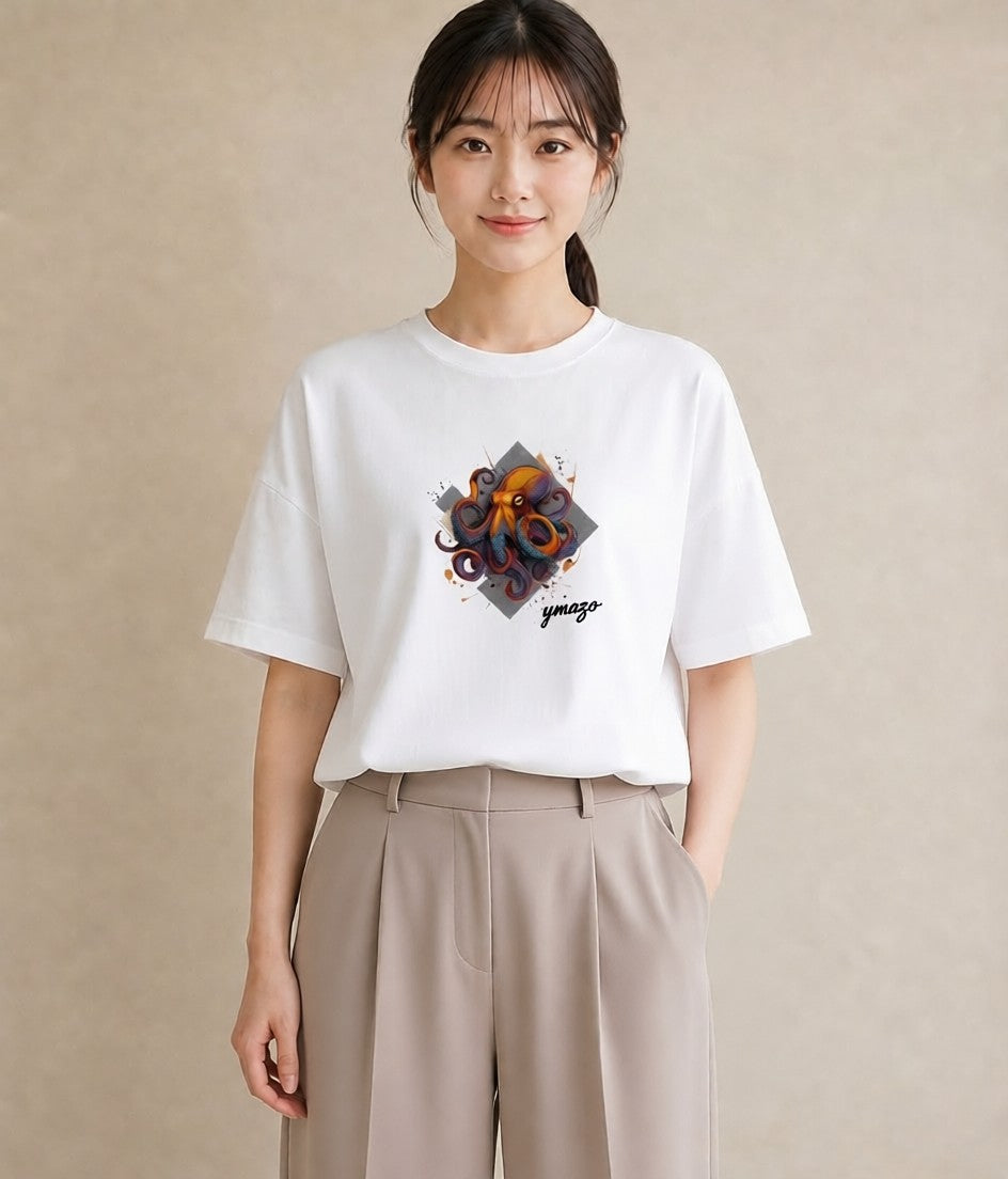 半袖Tシャツ レディース タコ 海の生き物 海 イラスト 普段使い デート 帰省 白T YMAZO