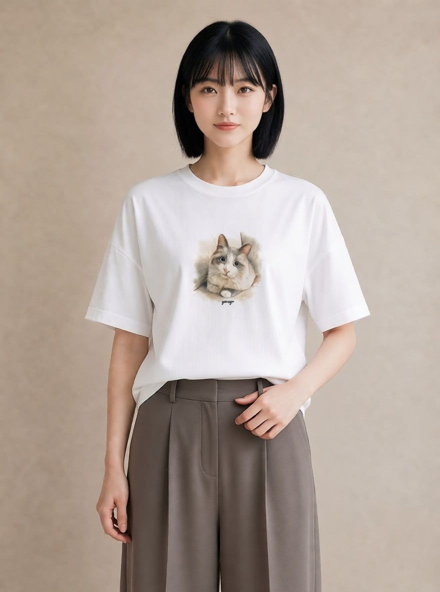Tシャツ レディース ねこ 猫 ネコ イラスト 可愛い ホワイトデー 春服 白T YMAZO