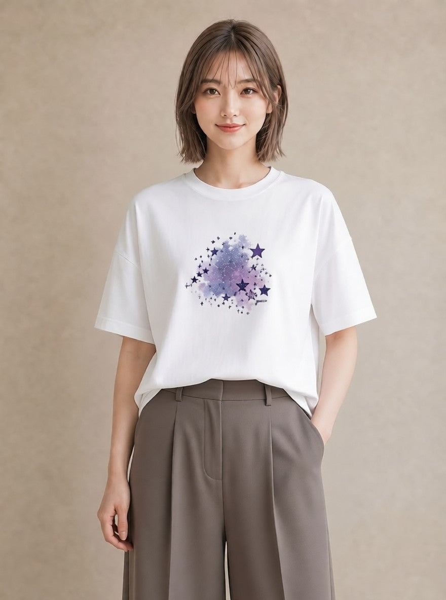 Tシャツ レディース スター 星空 宇宙 イラスト フェミニン お出かけ 普段着 白T YMAZO