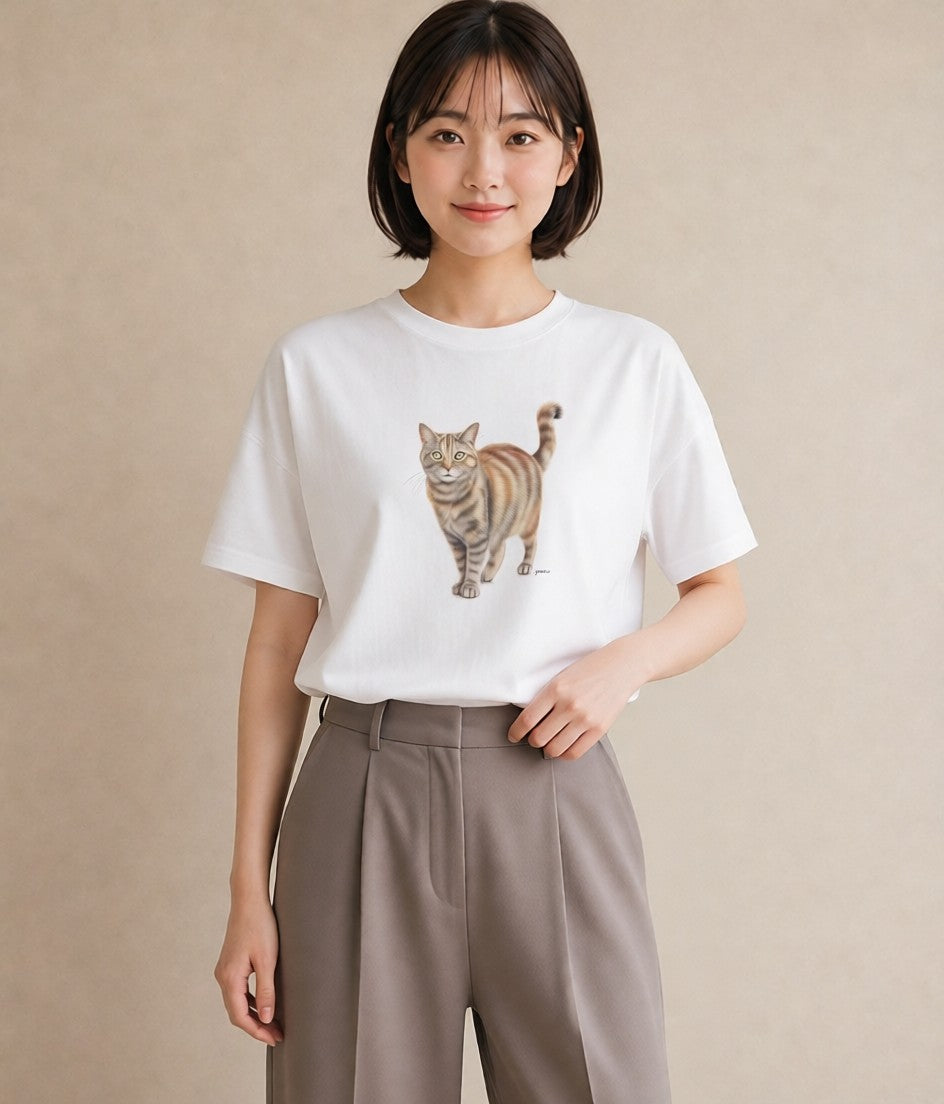 半袖Tシャツ レディース ブリティッシュショートヘア 猫 ねこ イラスト シック ビーチ デイリーウェア 白T YMAZO
