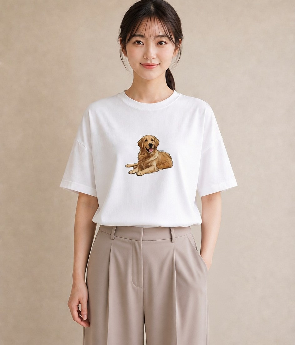 デザインTシャツ レディース ゴールデンレトリバー ゴールデン 犬 いぬ イラスト きれいめカジュアル ママ カフェ服 白T YMAZO