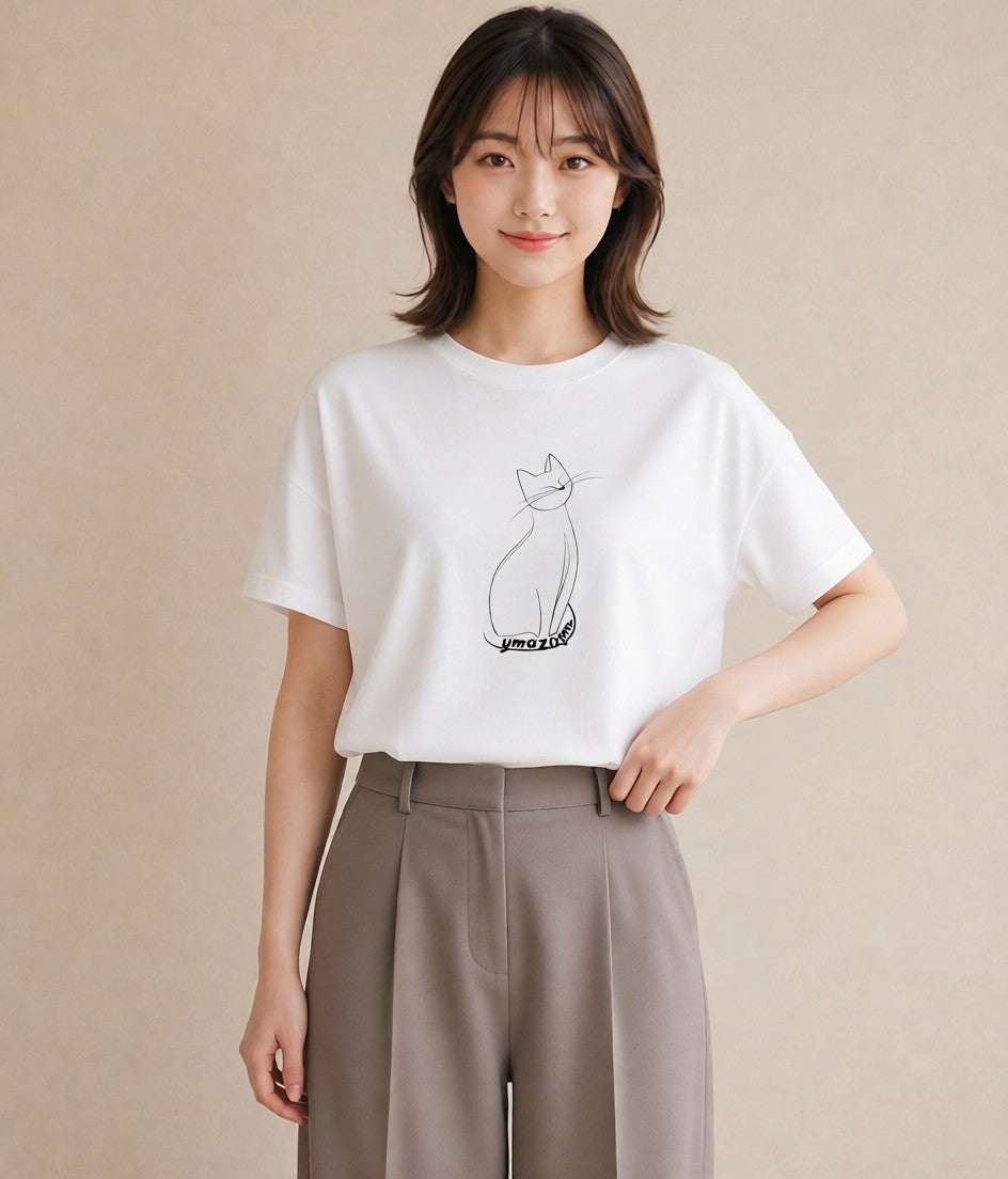 デザインTシャツ レディース 猫 ねこ ネコ イラスト ボタニカル 秋コーデ おしゃれギフト 白T YMAZO