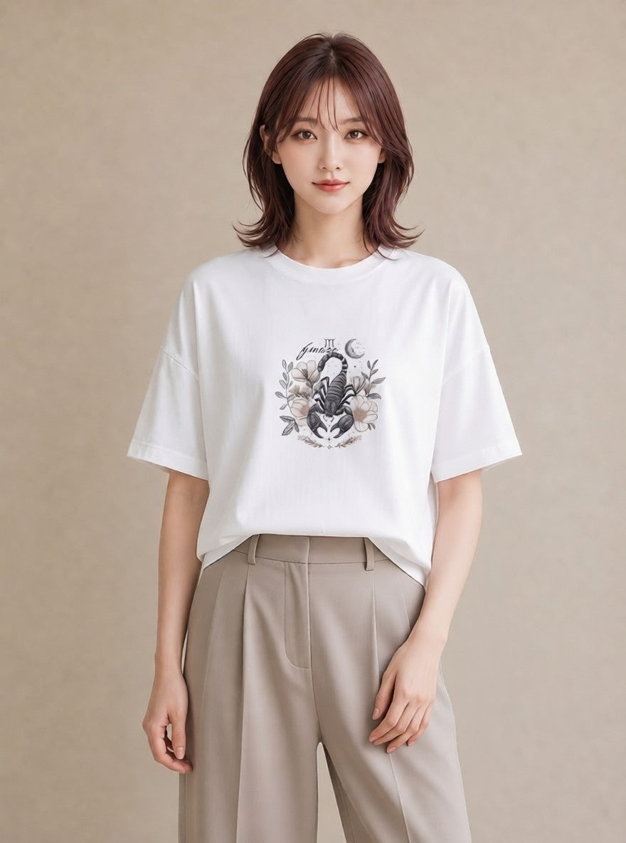 半袖Tシャツ レディース 蠍座 星空 宇宙 イラスト 水彩風 レイヤード 友達ギフト 白T YMAZO