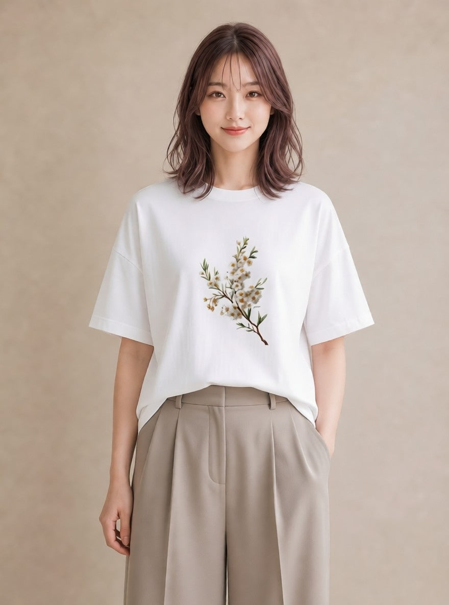 グラフィックTシャツ レディース 金木犀 花 花柄 イラスト 韓国風 お揃い 親子 白T