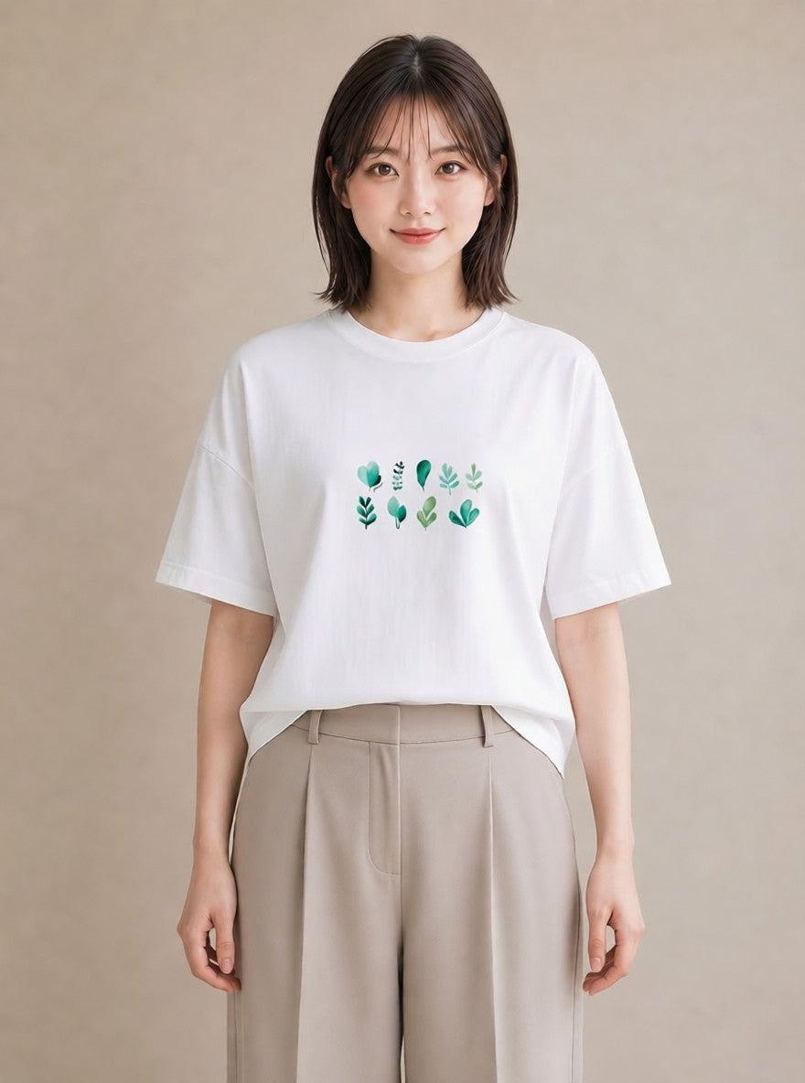 半袖Tシャツ レディース シダ 植物 ボタニカル イラスト カフェコーデ ラフ レイヤード 白T YMAZO
