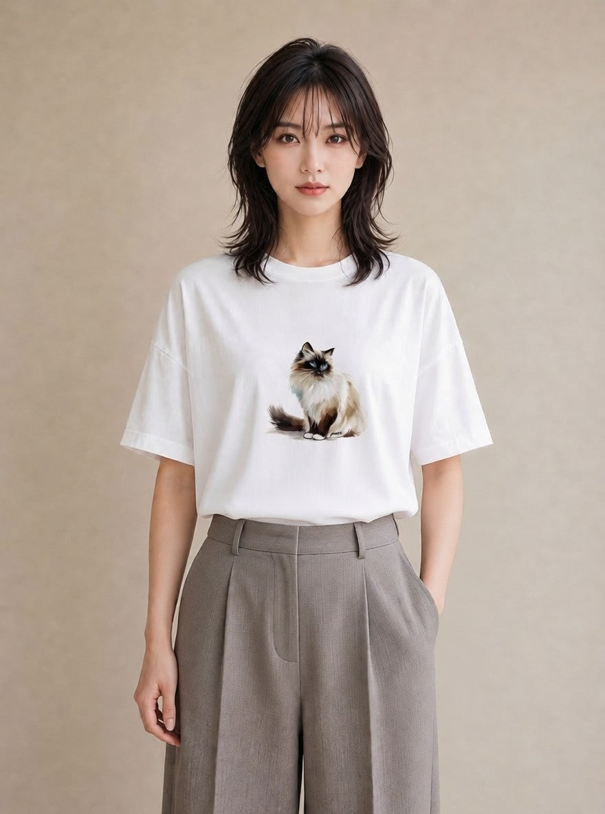 プリントTシャツ レディース おすわり猫 猫 ねこ イラスト フェミニン 普段着 週末コーデ 白T YMAZO