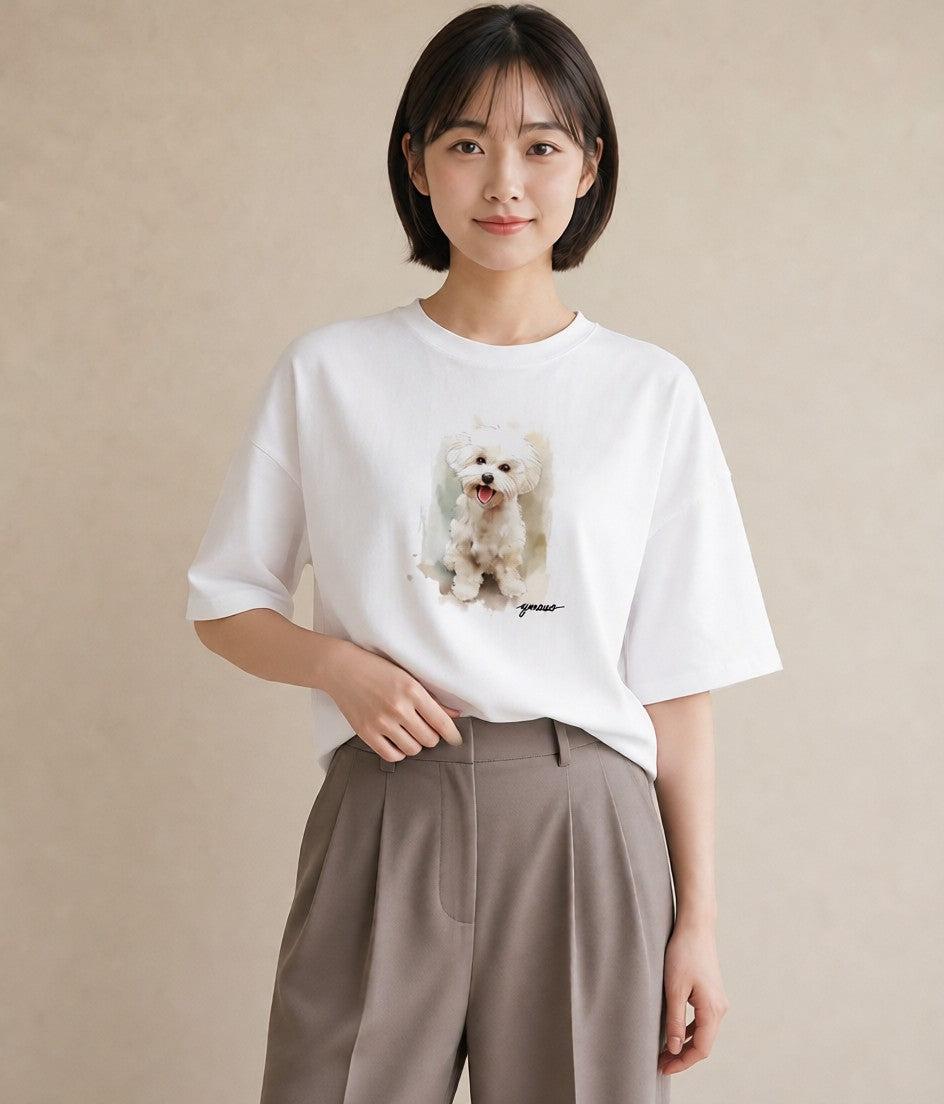 半袖Tシャツ レディース 子犬 犬 いぬ イラスト ラフカジュアル 秋コーデ おしゃれギフト 白T YMAZO