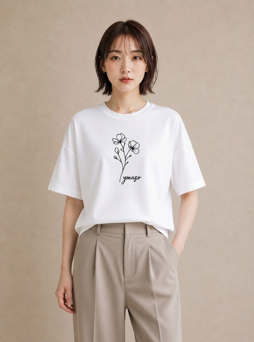 半袖Tシャツ レディース 小花 花 フラワー イラスト ユニーク ペアコーデ 秋コーデ 白T YMAZO