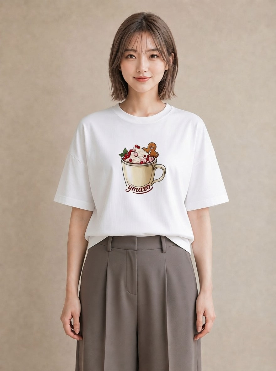 半袖Tシャツ レディース ココア 食べ物 フード イラスト レトロ 夏コーデ 通学 白T YMAZO