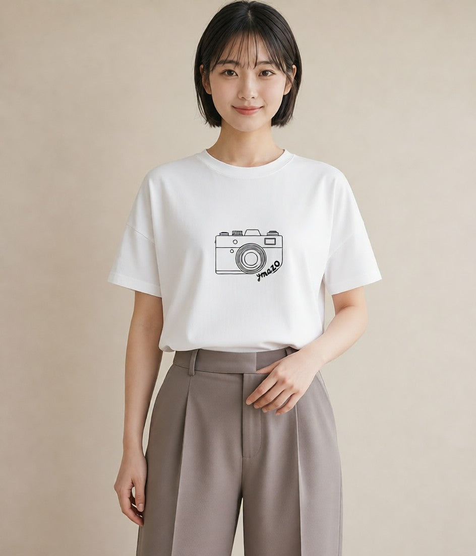デザインTシャツ レディース カメラ フィルムカメラ レトロカメラ イラスト シンプル 自分用 ルームウェア 白T YMAZO