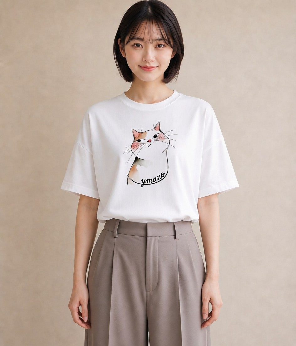 プリントTシャツ レディース 白猫 猫 ねこ イラスト ゆるコーデ 海 カフェ巡り 白T YMAZO