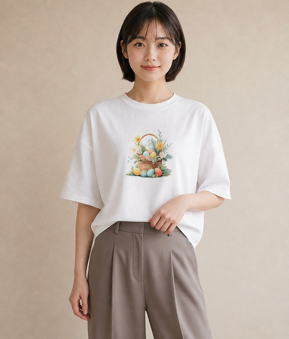 プリントTシャツ レディース 自転車のかご 自転車 花かご ナチュラル アンティーク イラスト 個性的 20代 カジュアルコーデ 白T YMAZO
