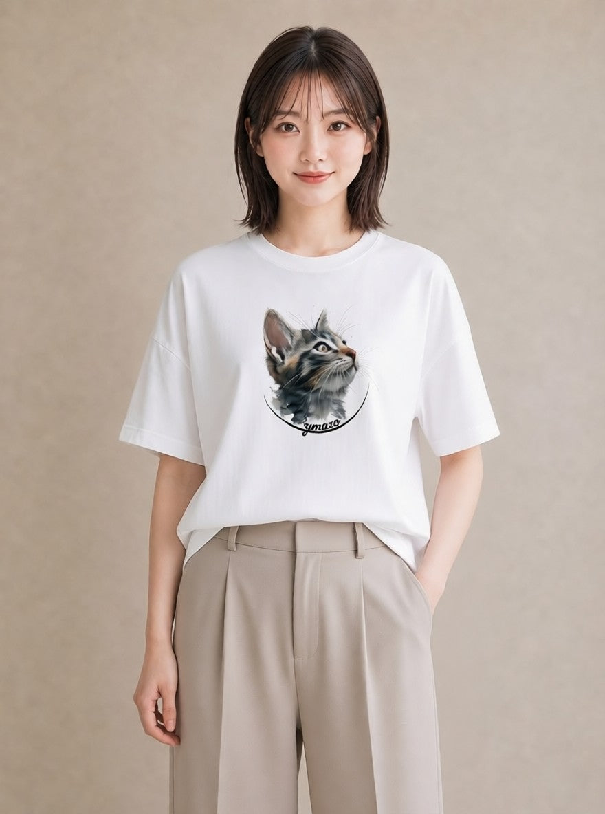 半袖Tシャツ レディース ソマリ 猫 ねこ イラスト アート風 お揃い 親子 白T YMAZO