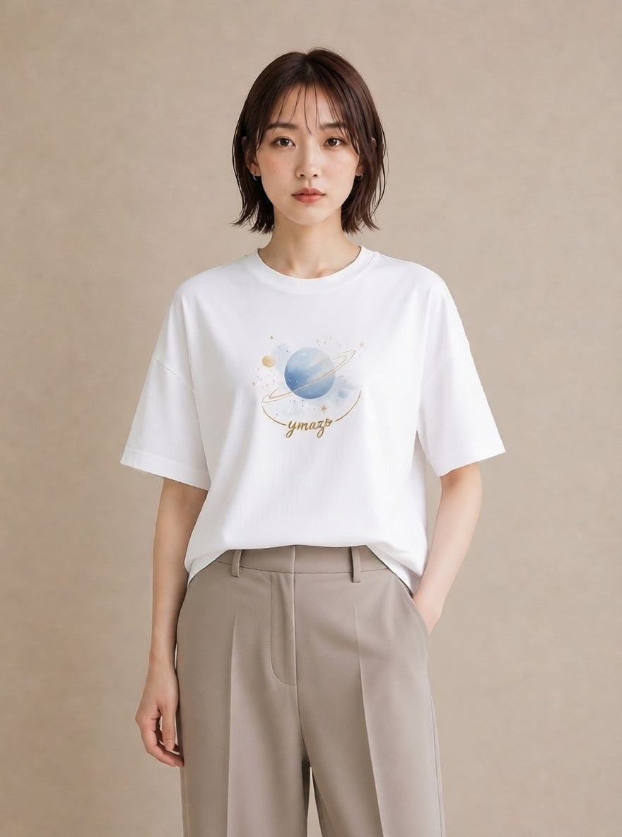 プリントTシャツ レディース 天の川 星空 宇宙 イラスト ゆるコーデ 散歩 お出かけ 白T YMAZO
