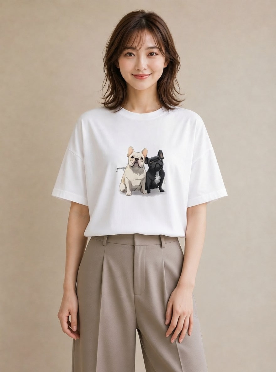 グラフィックTシャツ レディース フレンチブルドッグ フレブル 犬 いぬ イラスト 韓国風 カフェ巡り 女子会 白T YMAZO