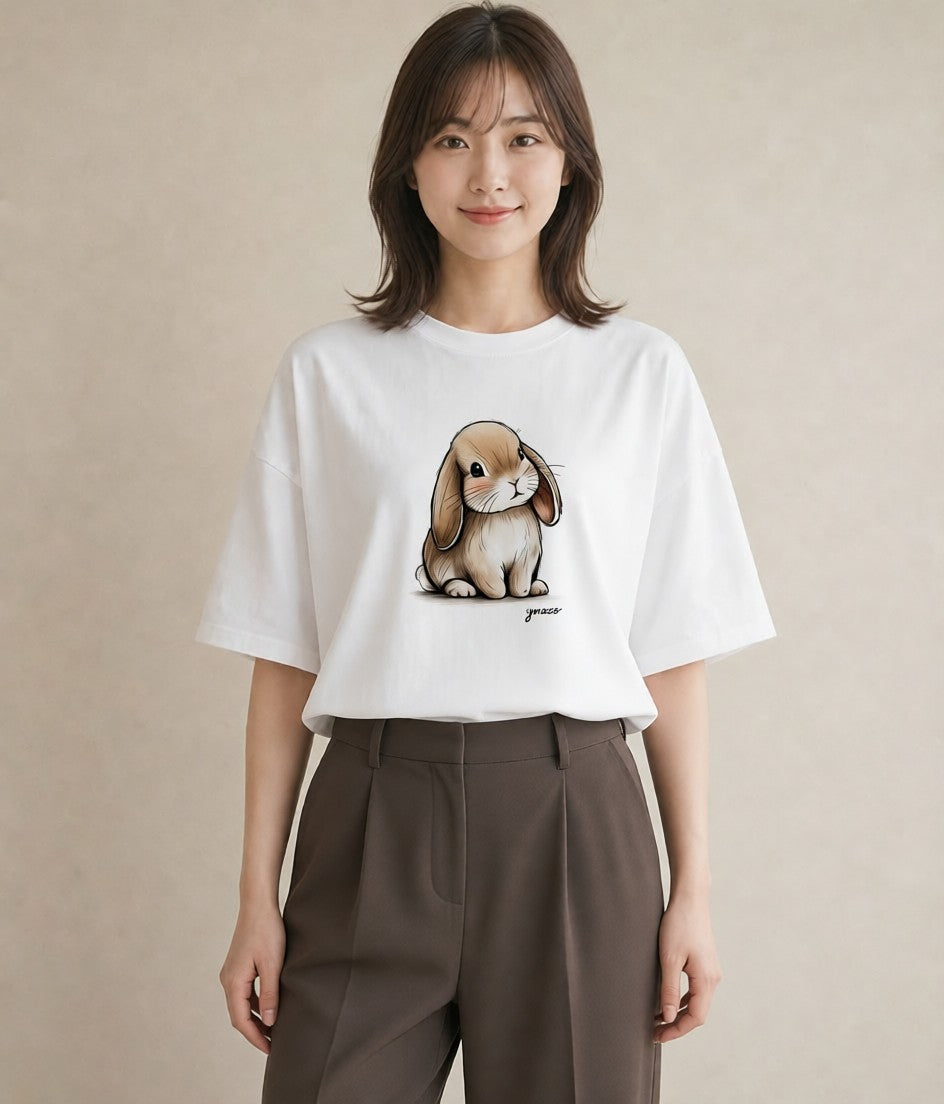 半袖Tシャツ レディース ロップイヤー ペット 動物 イラスト カフェコーデ 社会人 女性 白T YMAZO