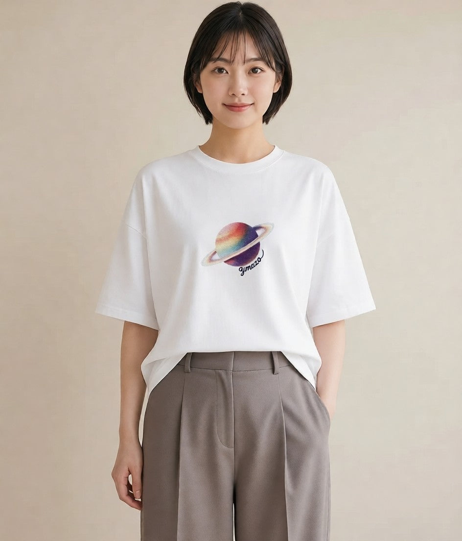 半袖Tシャツ レディース 土星 星空 宇宙 イラスト 淡色 通学 誕生日プレゼント 白T YMAZO