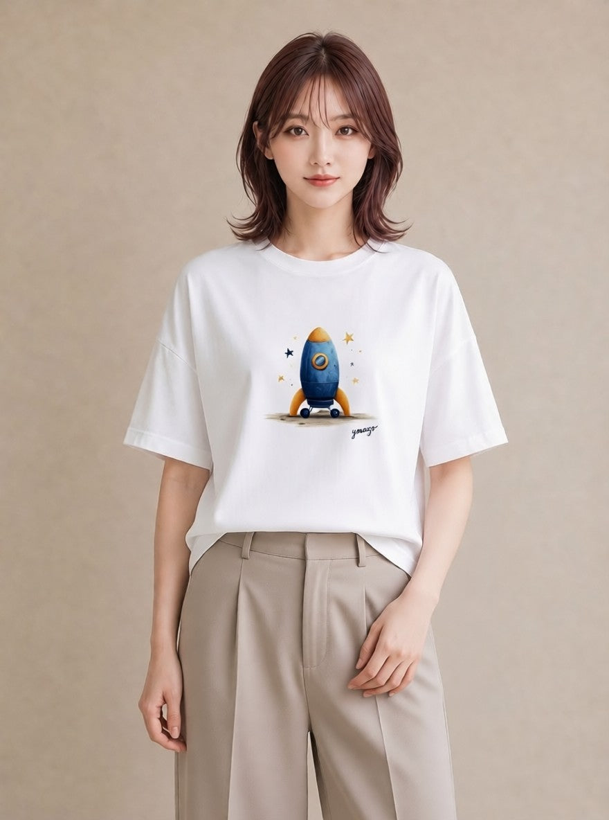 Tシャツ レディース ロケット 星空 宇宙 イラスト 普段使い ペアコーデ 秋コーデ 白T YMAZO