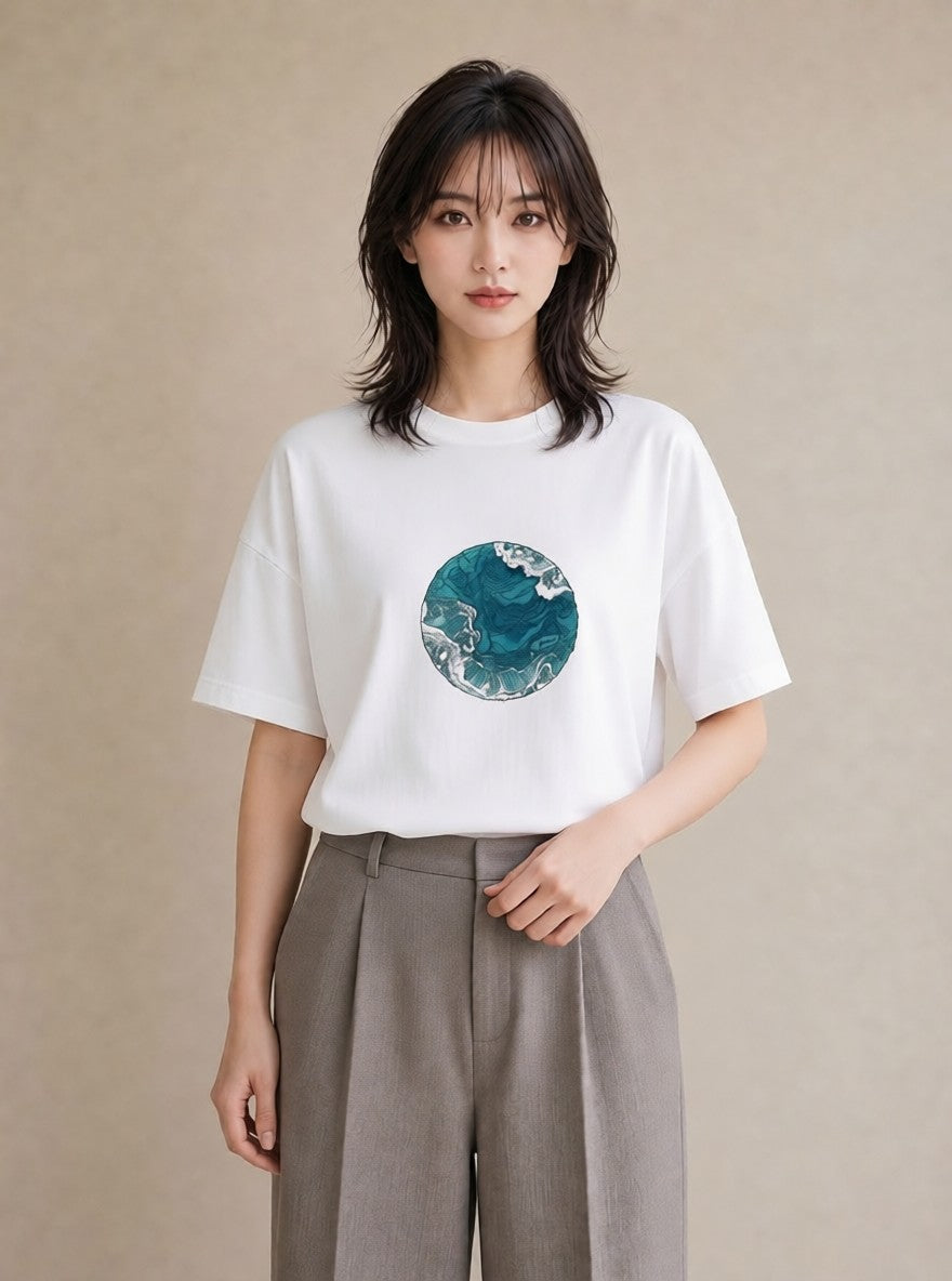 デザインTシャツ レディース 海 星空 宇宙 イラスト ラフカジュアル ママ カフェ服 白T YMAZO