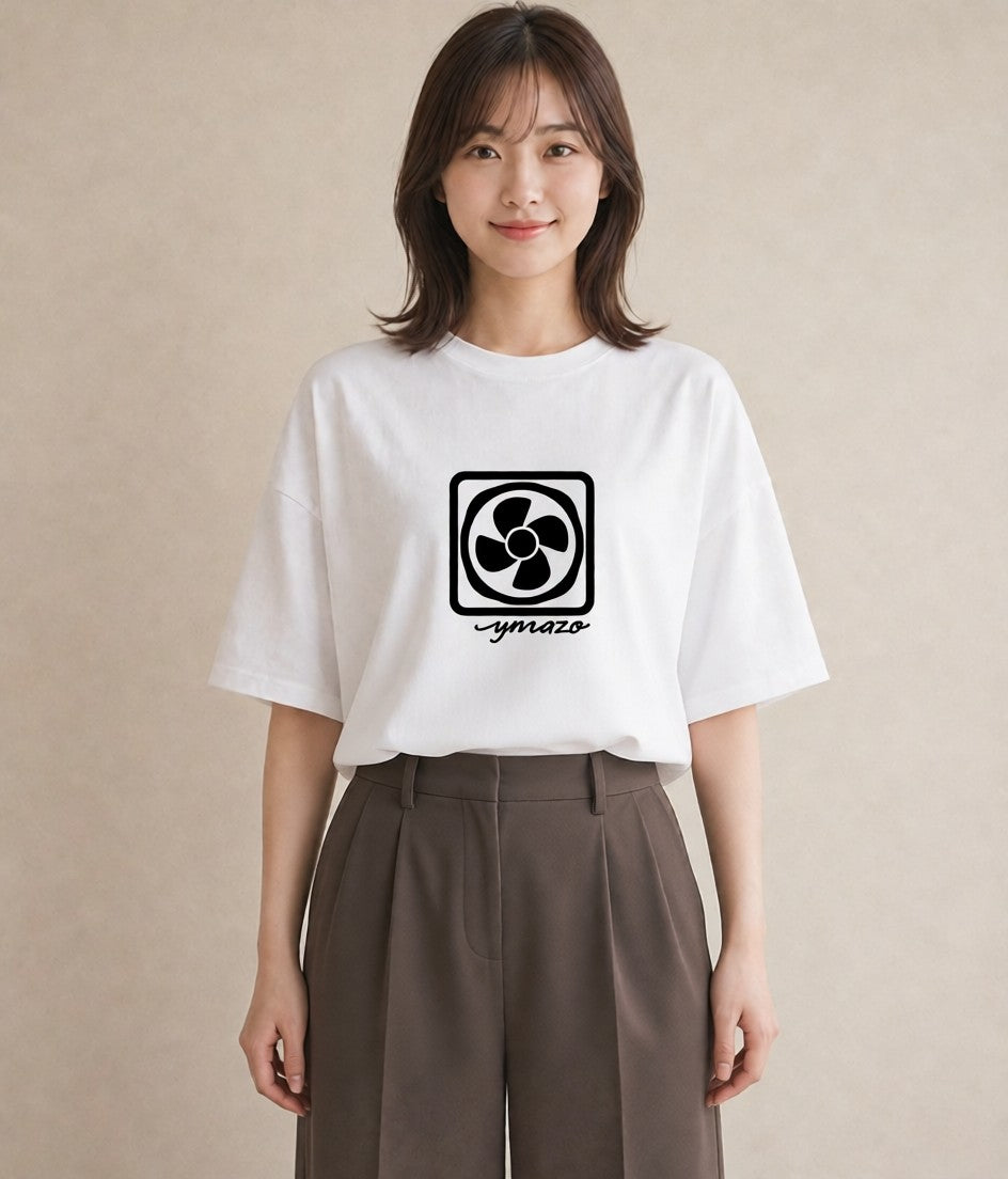 プリントTシャツ レディース 扇子 そよ風 ナチュラル アンティーク イラスト アート風 公園 ママ 白T YMAZO