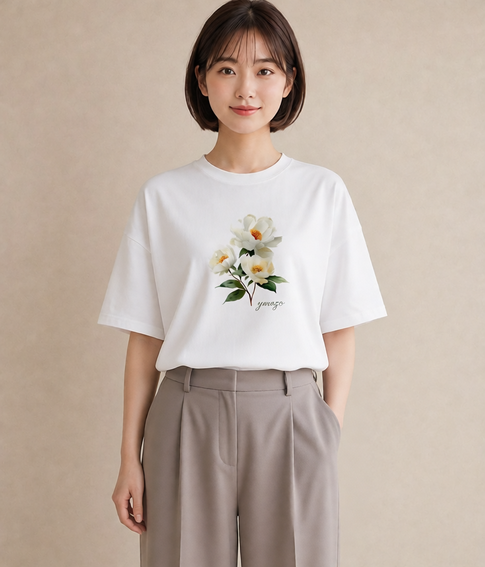 Tシャツ レディース 牡丹 花 花柄 イラスト モード デート 帰省 白T